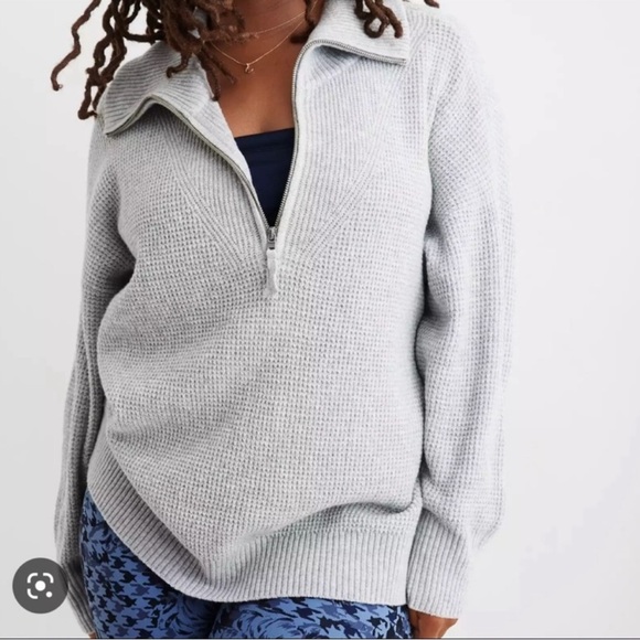 aerie Sweaters - Aerie CozyUp Waffle Quarter Zip Sweater Gray Size Medium